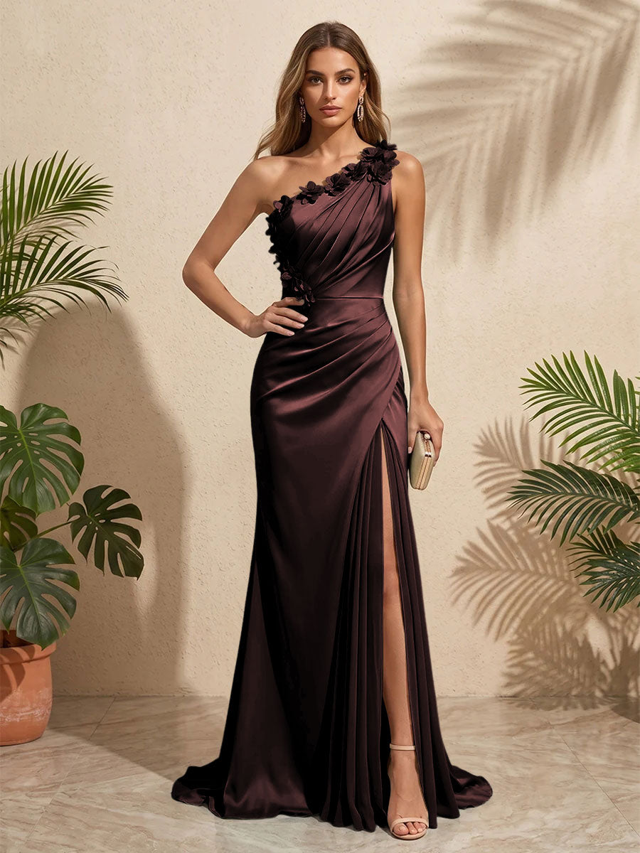 Satin A Line One Shoulder Side Slit Pleated Formal Dresses