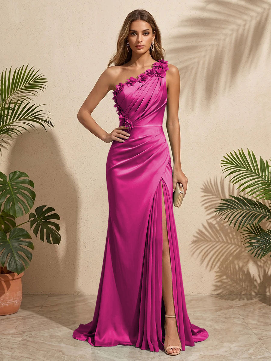 Satin A Line One Shoulder Side Slit Pleated Formal Dresses