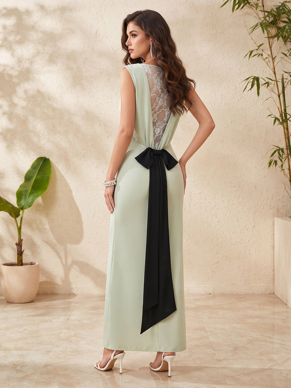 Chiffon A Line Jewel Neck Deep V Back open lace back Formal Dresses