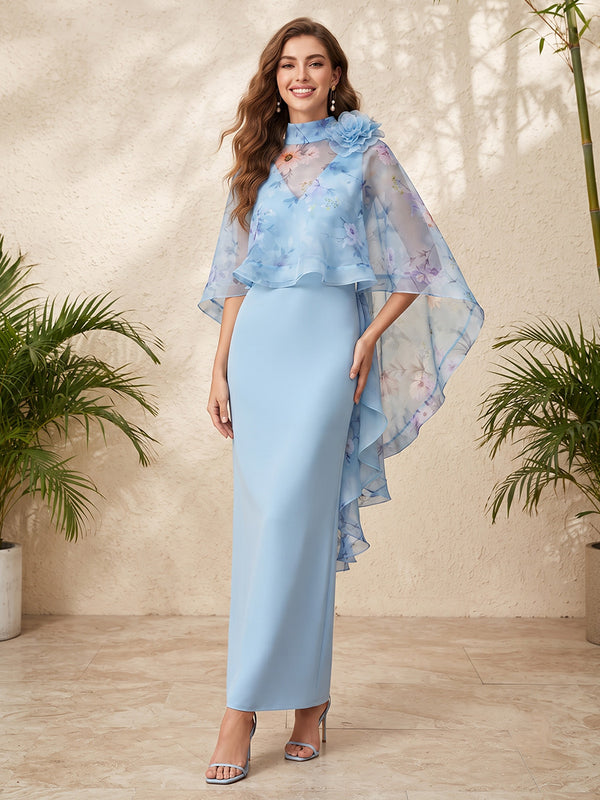 Satin A Line Halter Floral Print Ruffles Formal Dresses