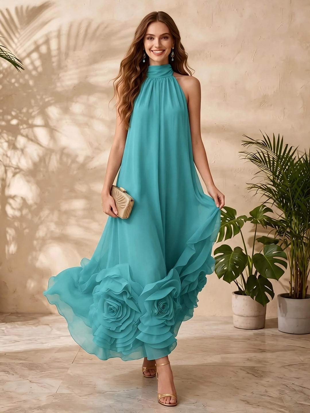 Chiffon A Line Halter Floral Formal Dresses