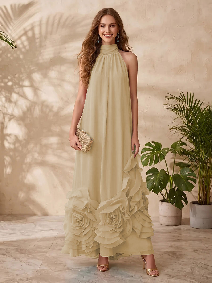 Chiffon A Line Halter Floral Formal Dresses