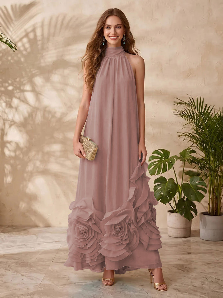 Chiffon A Line Halter Floral Formal Dresses
