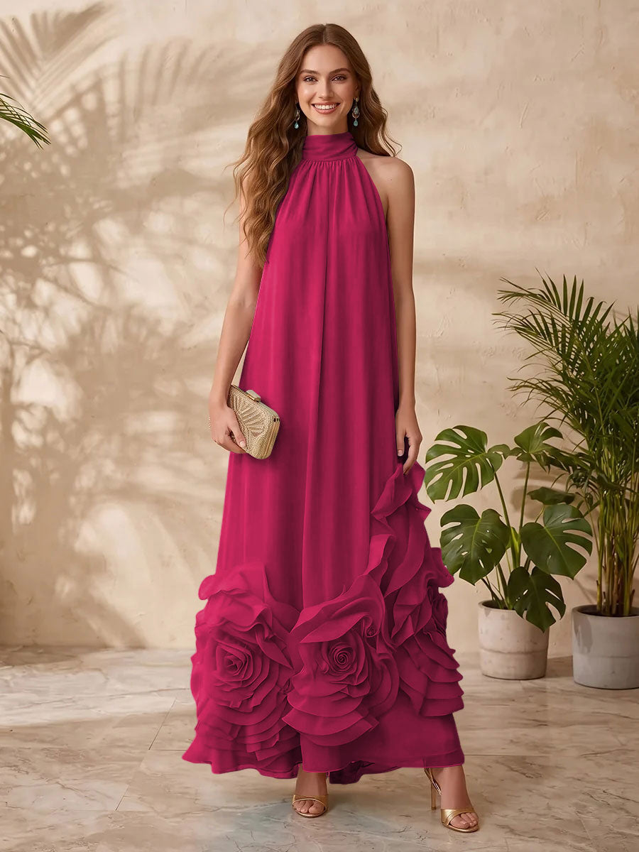 Chiffon A Line Halter Floral Formal Dresses