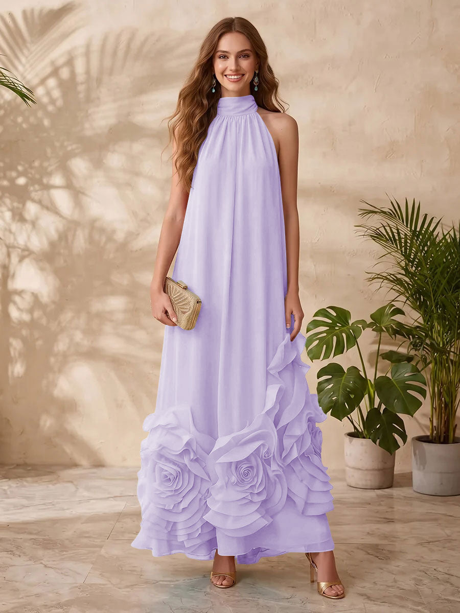Chiffon A Line Halter Floral Formal Dresses
