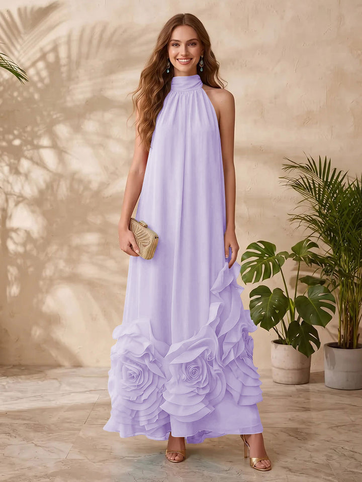 Chiffon A Line Halter Floral Formal Dresses