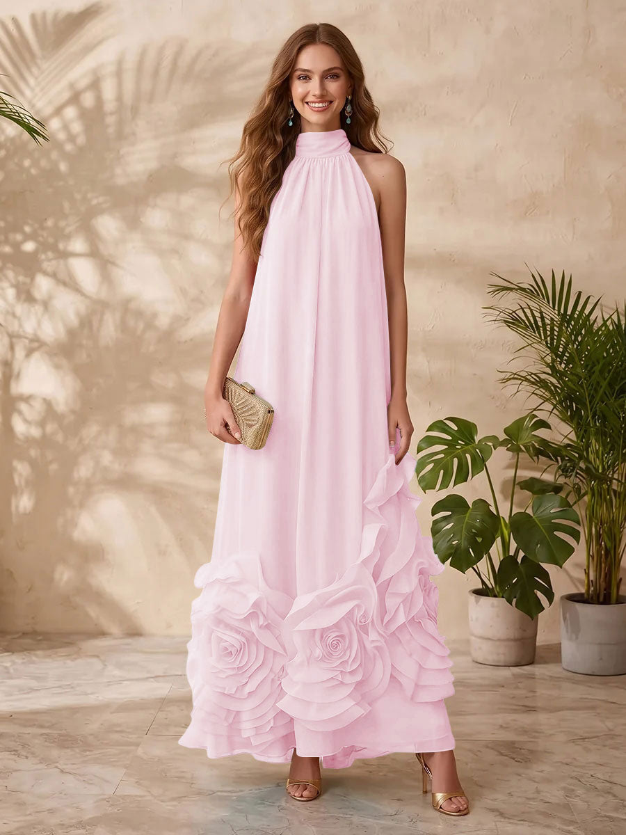 Chiffon A Line Halter Floral Formal Dresses