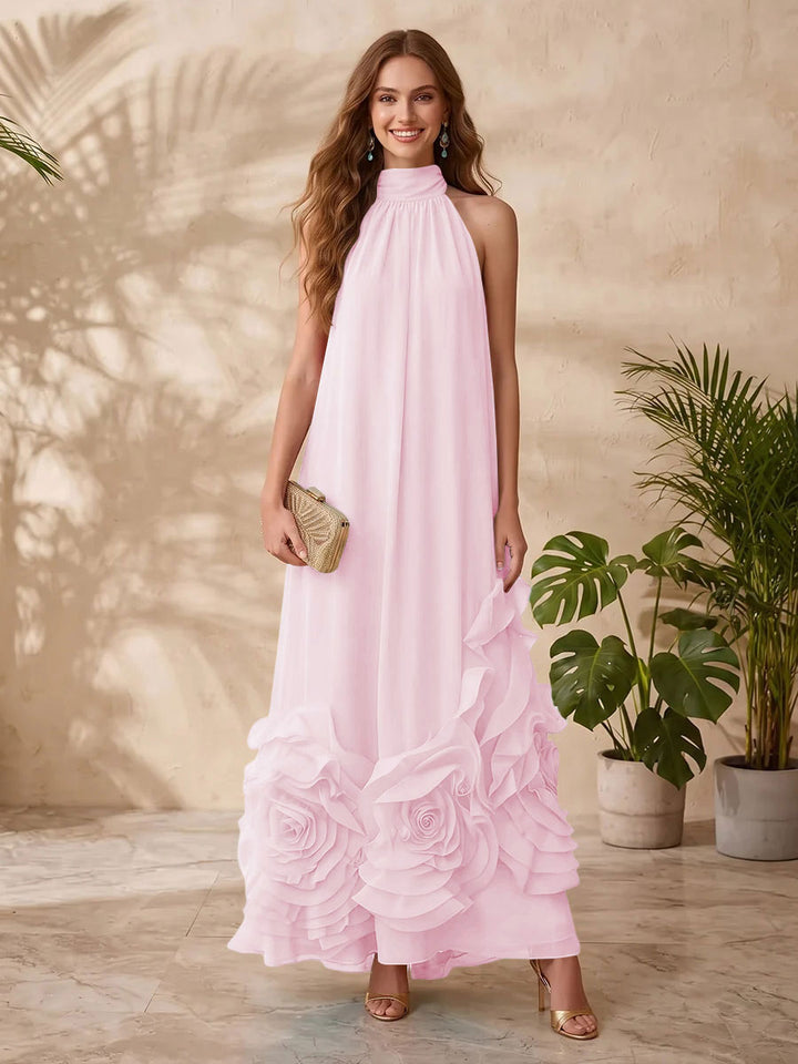 Chiffon A Line Halter Floral Formal Dresses