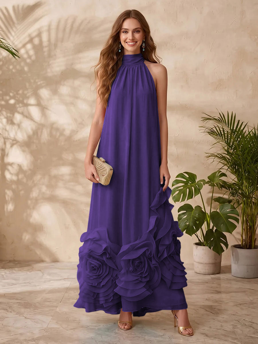 Chiffon A Line Halter Floral Formal Dresses