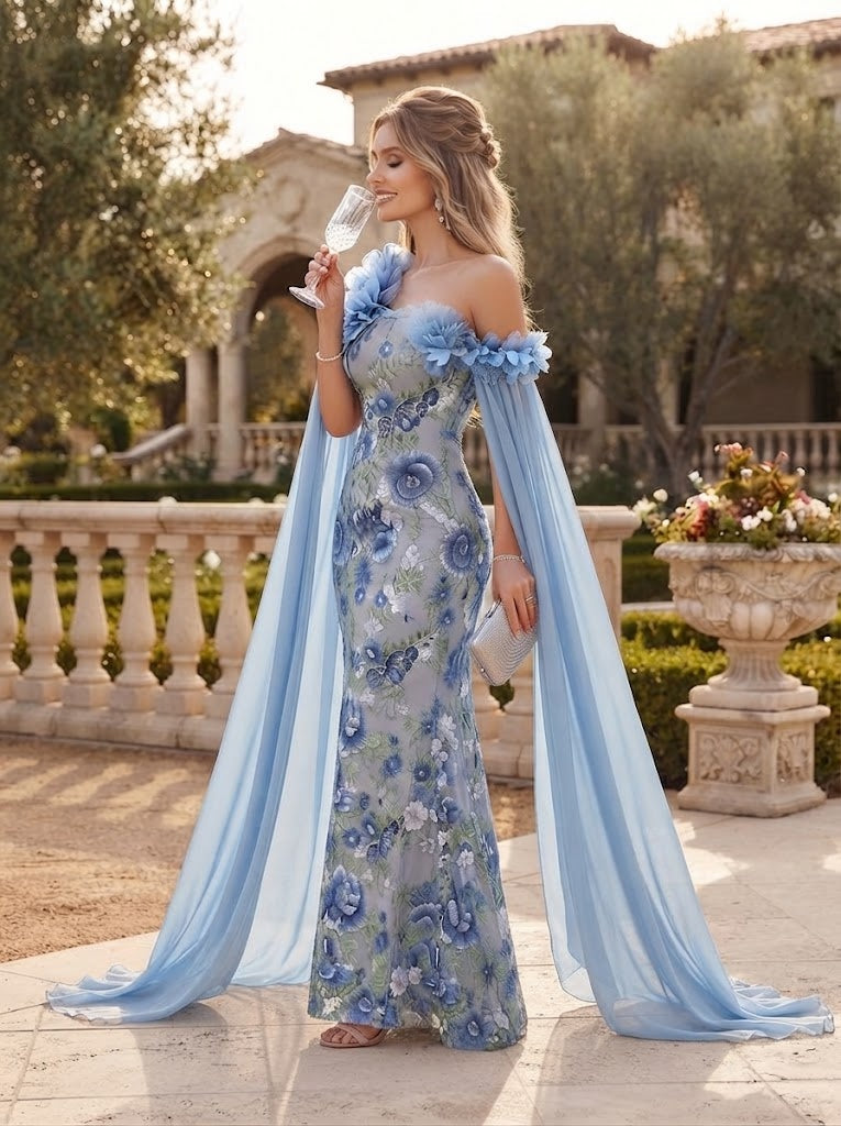 Embroidery Mermaid One Shoulder Scarf Floral Formal Dresses
