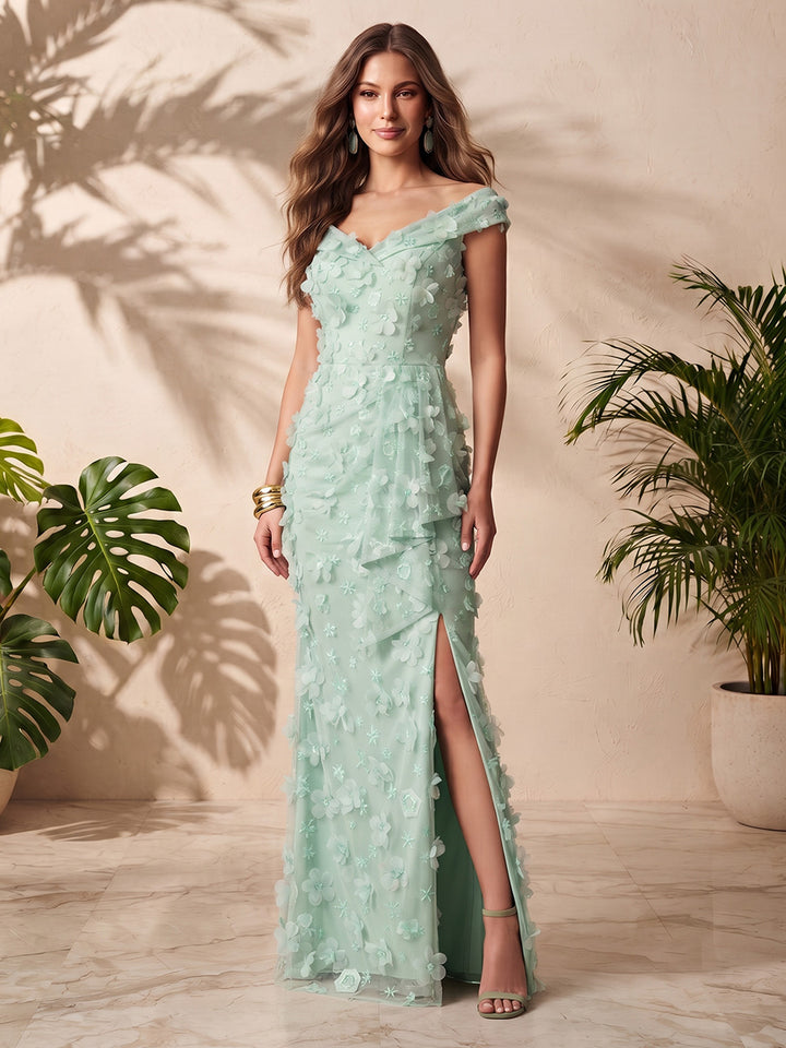 Tulle A Line Off the Shoulder Side Slit Applique Formal Dresses
