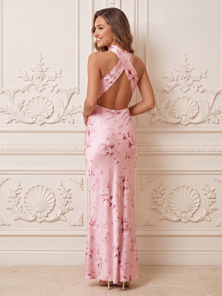 Satin Jacquard A Line Halter Floral Print Formal Dresses