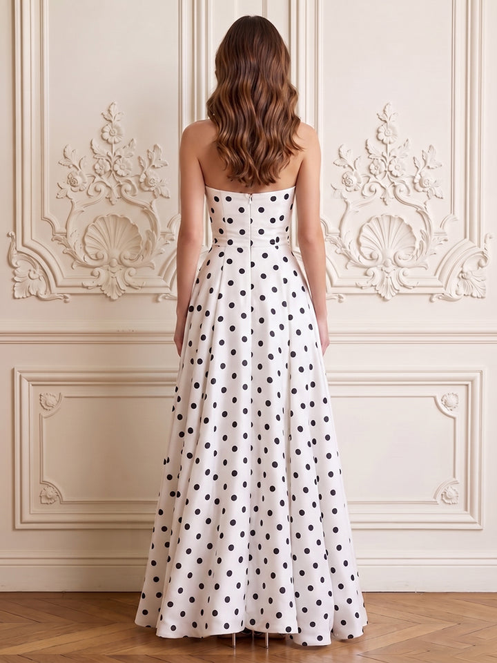 Satin Jacquard A Line Strapless Side Slit Formal Dresses