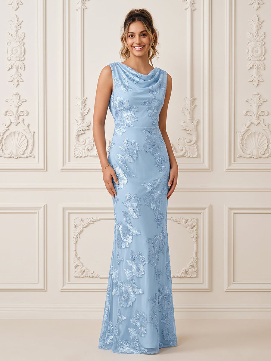 Satin A Line Cowl Neck Floral Embroidery Embroidery Formal Dresses