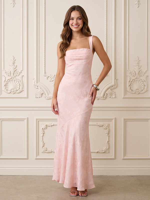 Jacquard Mermaid Square Neck Pleats open lace back Formal Dresses