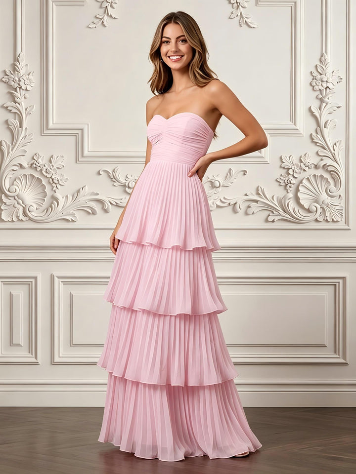 Chiffon A Line Strapless Pleats Sweetheart Formal Dresses