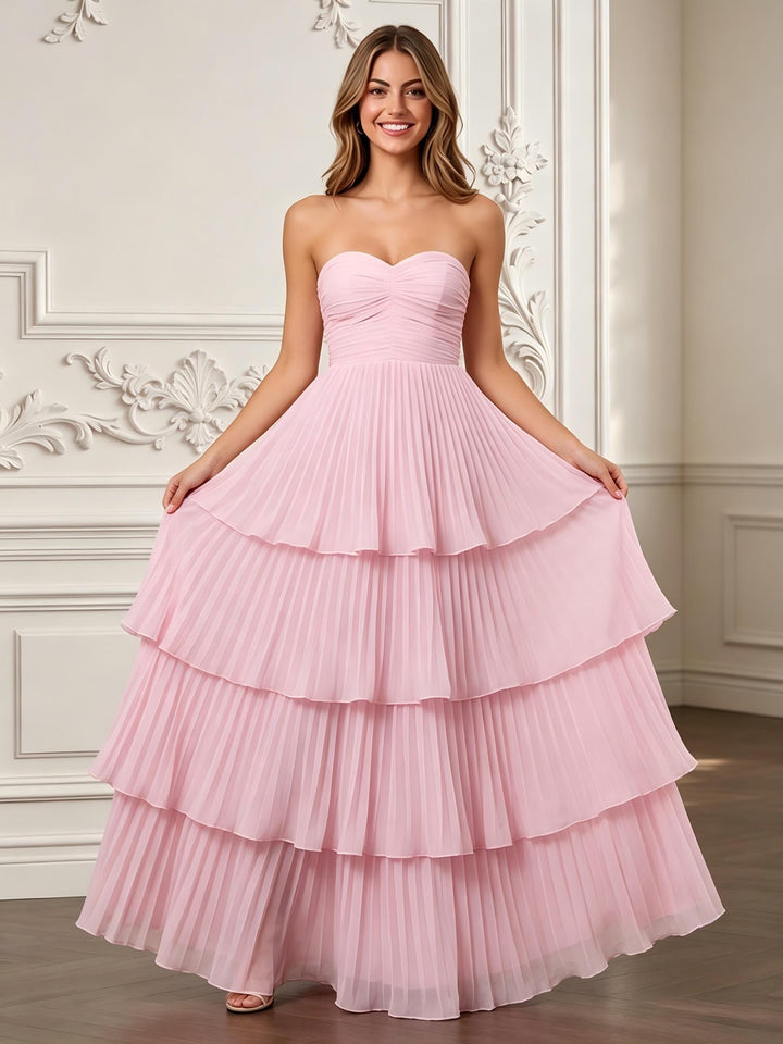 Chiffon A Line Strapless Pleats Sweetheart Formal Dresses