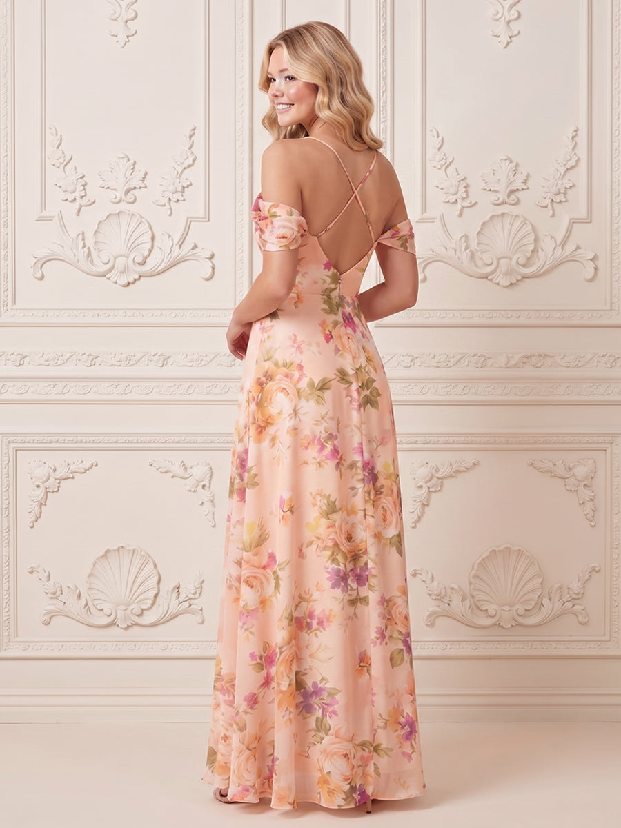Satin Jacquard A Line Off the Shoulder Side Slit Backless Formal Dresses