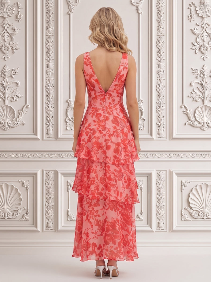 Chiffon A Line V Neck Floral Print Deep V Backless Formal Dresses