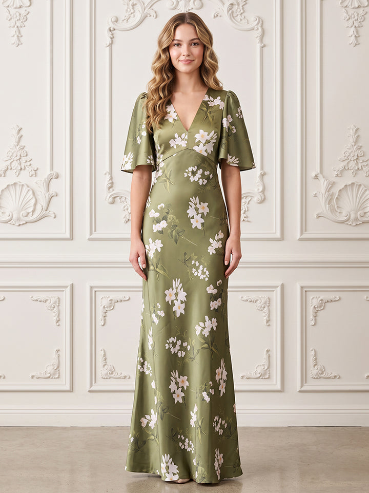 Satin A Line V Neck Floral Print Formal Dresses