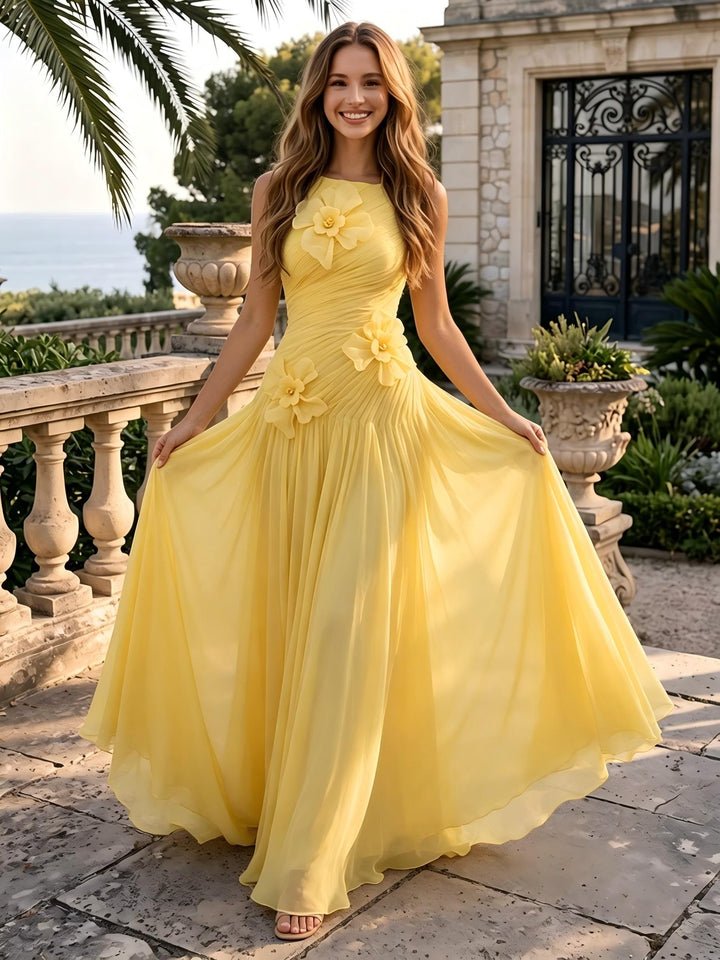 Chiffon A Line Halter 3D Flowers Pleated Formal Dresses