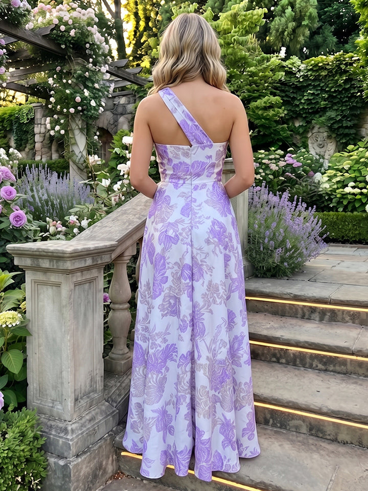 Satin A Line One Shoulder Side Slit Floral Print Formal Dresses