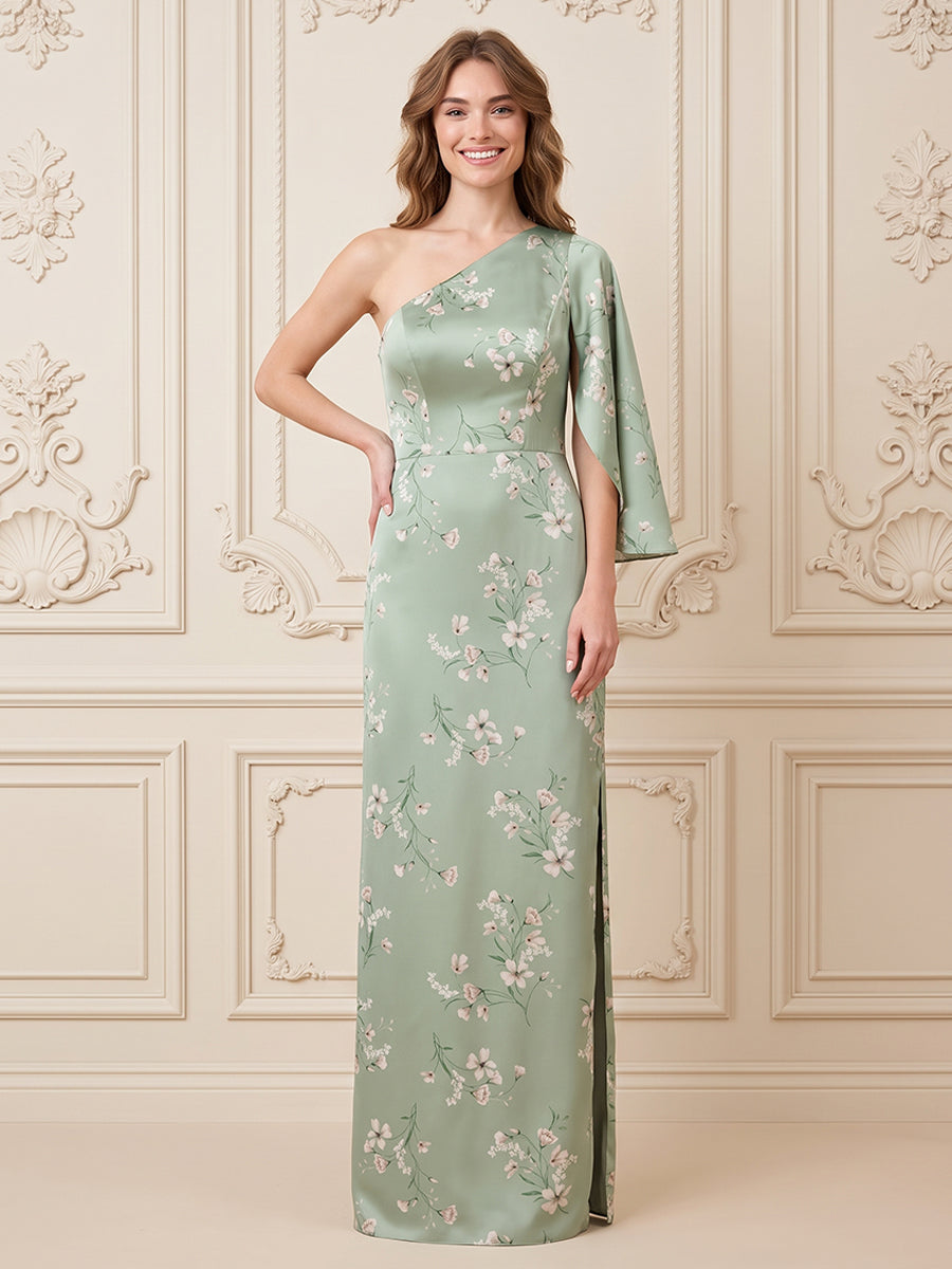 Satin A Line One Shoulder Satin Jacquard Side Slit Formal Dresses