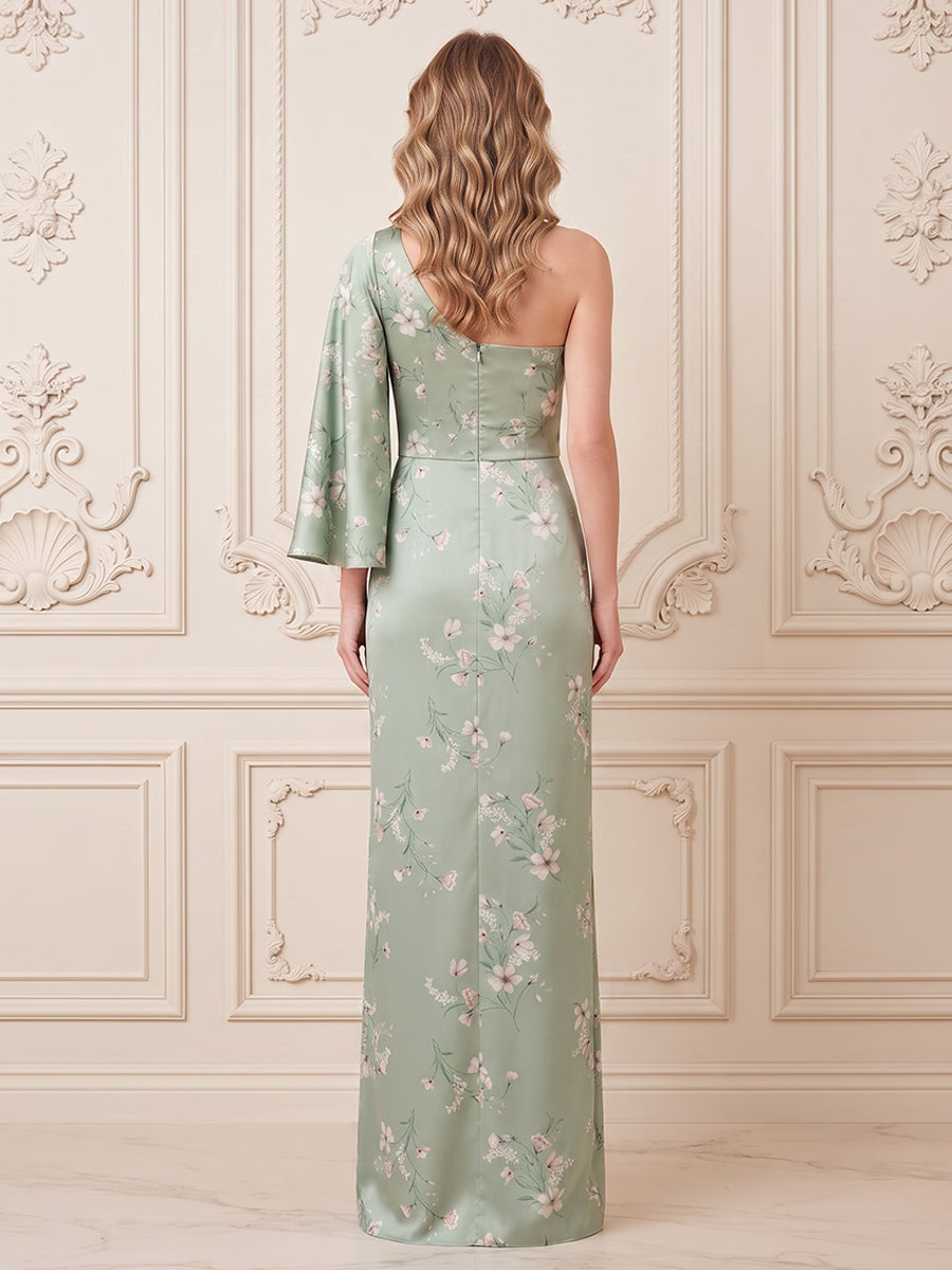 Satin A Line One Shoulder Satin Jacquard Side Slit Formal Dresses