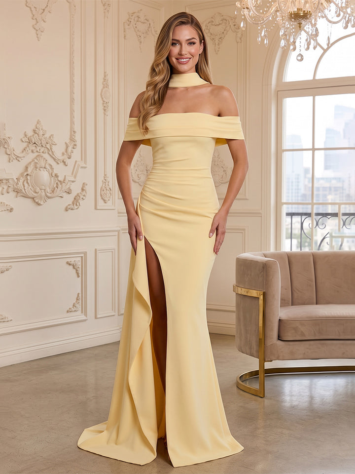 Chiffon A Line Strapless Side Slit  Formal Dresses