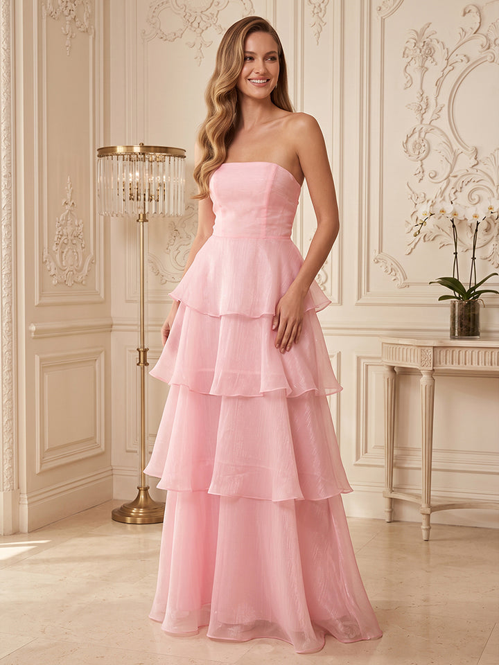 Tulle A Line Strapless Tiered  Formal Dresses