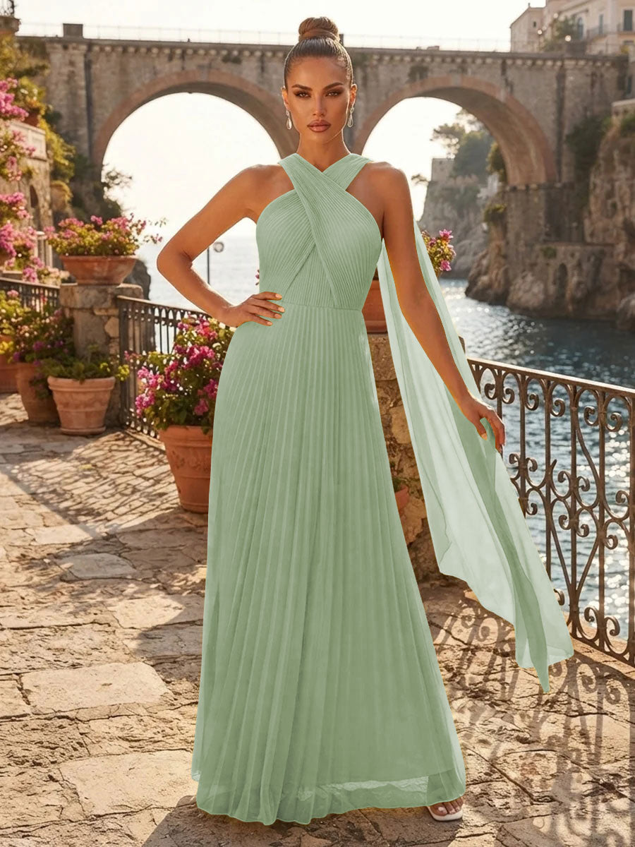 Chiffon A Line Halter Pleated Halter High Waist Formal Dresses