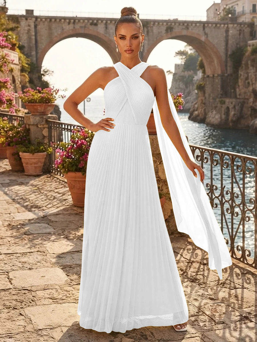 Chiffon A Line Halter Pleated Halter High Waist Formal Dresses