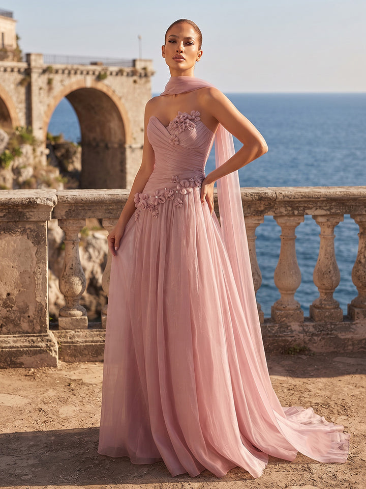 Chiffon A Line Strapless Ruched Bodice Scarf Formal Dresses