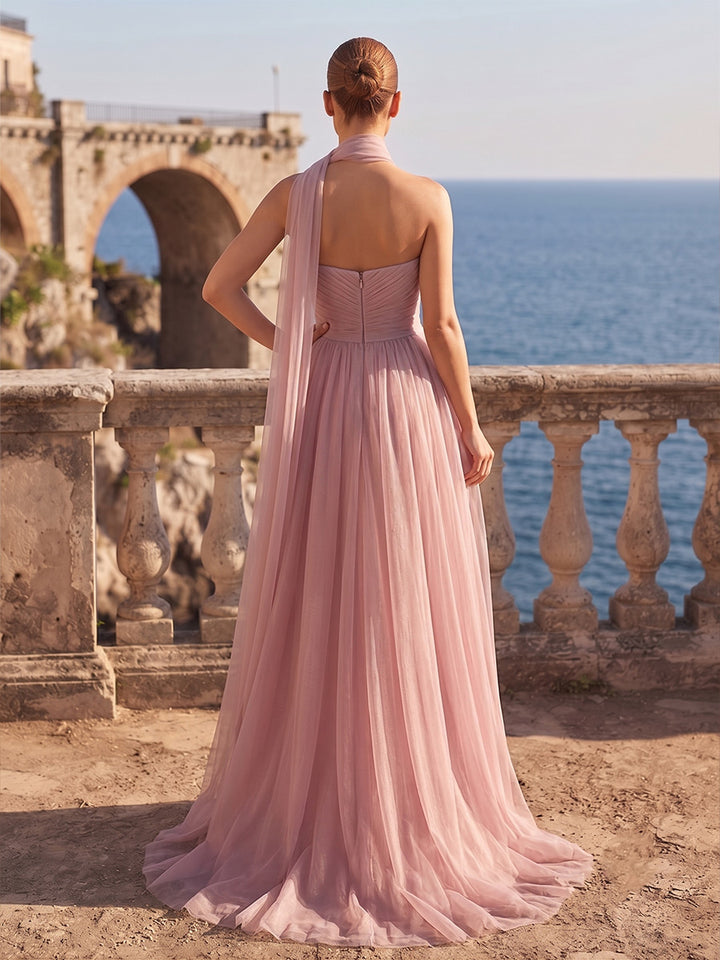 Chiffon A Line Strapless Ruched Bodice Scarf Formal Dresses