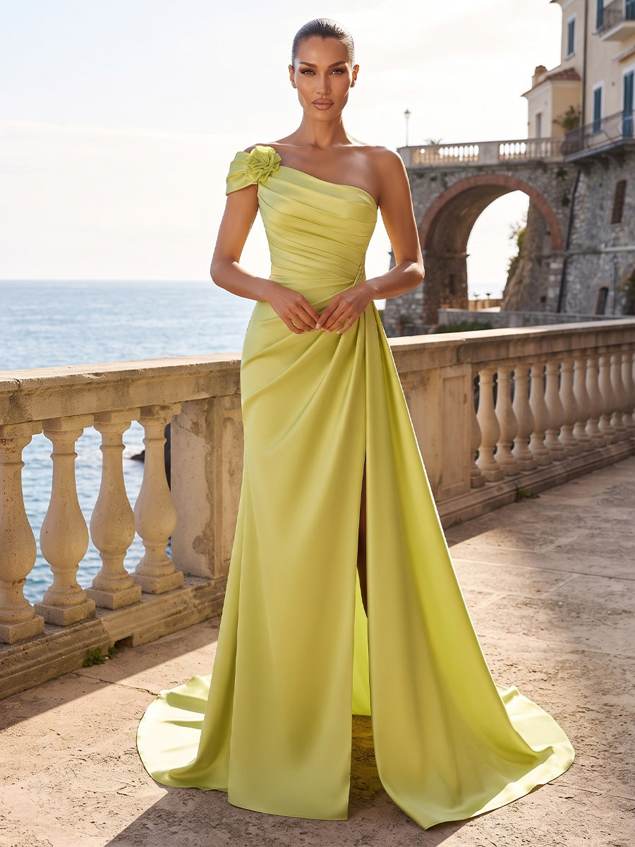 Satin A Line One Shoulder Ruched Bodice Side Slit Formal Dresses