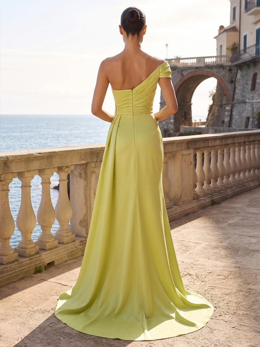 Satin A Line One Shoulder Ruched Bodice Side Slit Formal Dresses