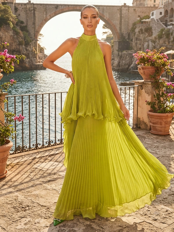 Chiffon A Line Halter Pleats Tiered Formal Dresses