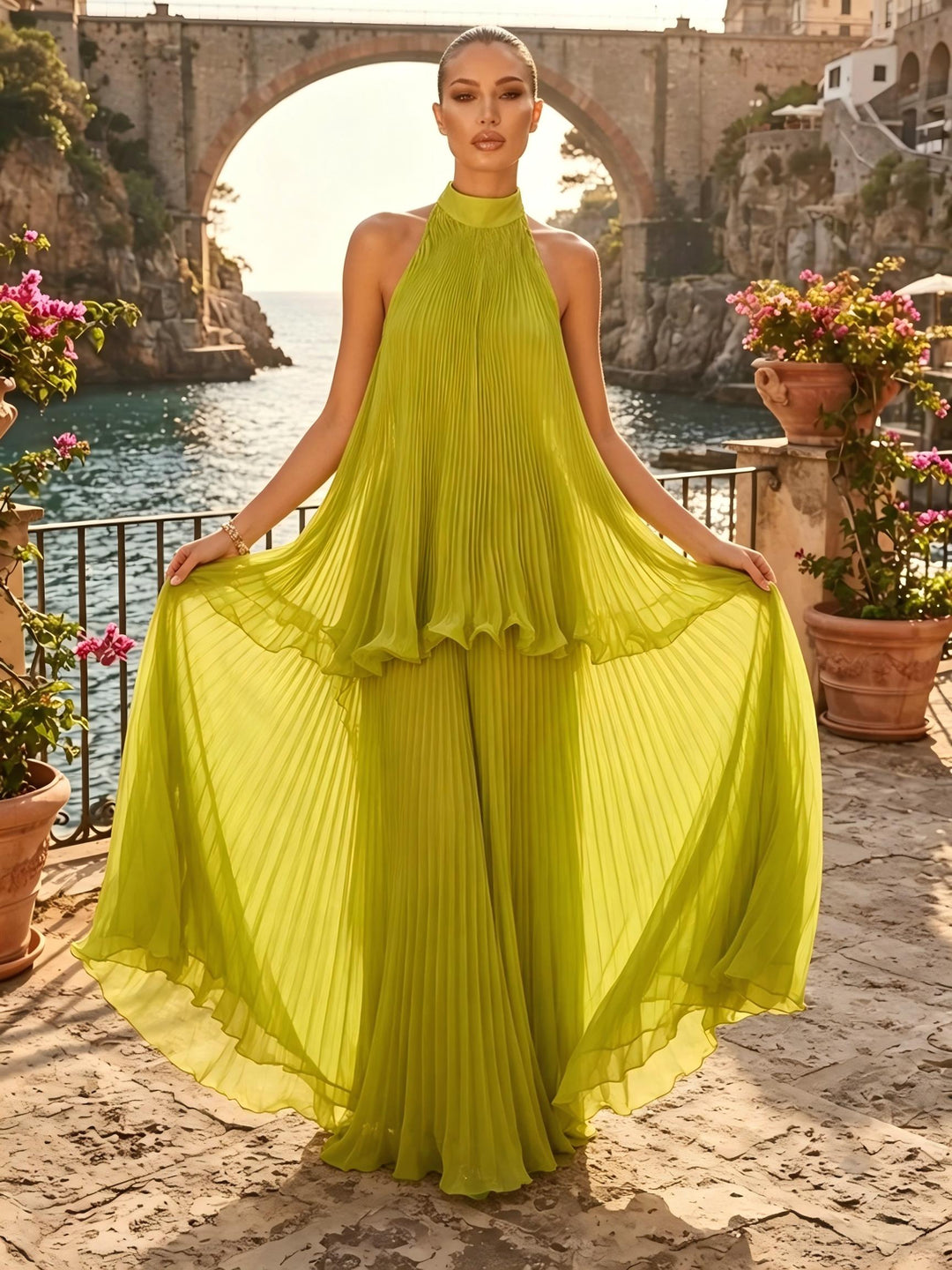 Chiffon A Line Halter Pleats Tiered Formal Dresses