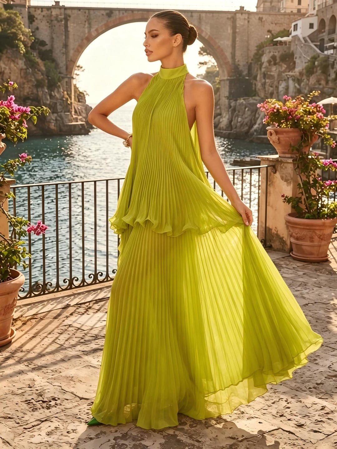 Chiffon A Line Halter Pleats Tiered Formal Dresses