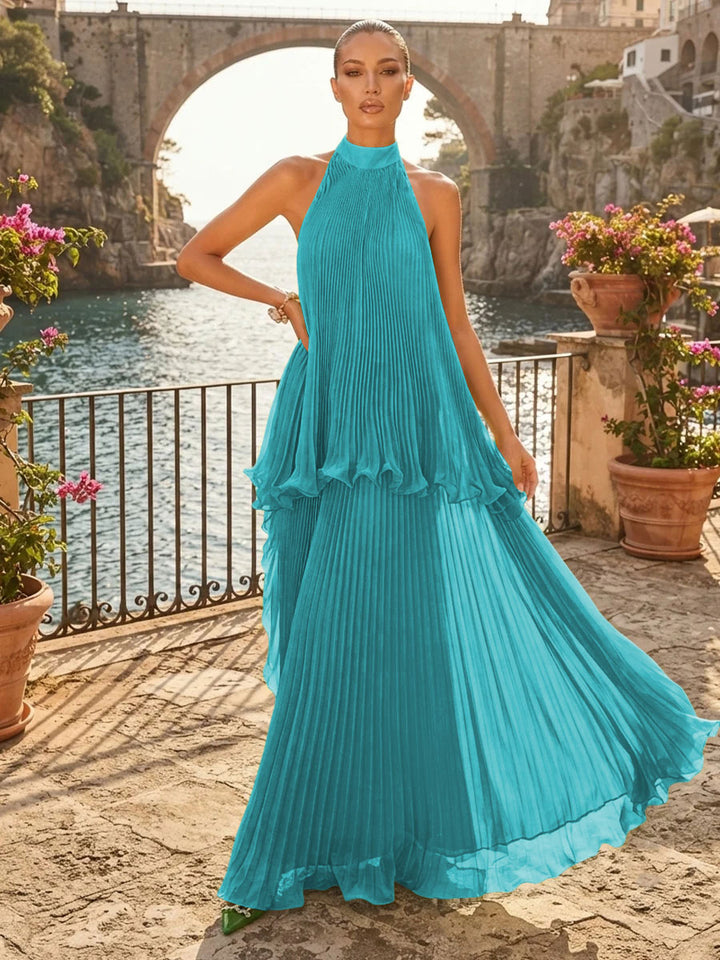 Chiffon A Line Halter Pleats Tiered Formal Dresses