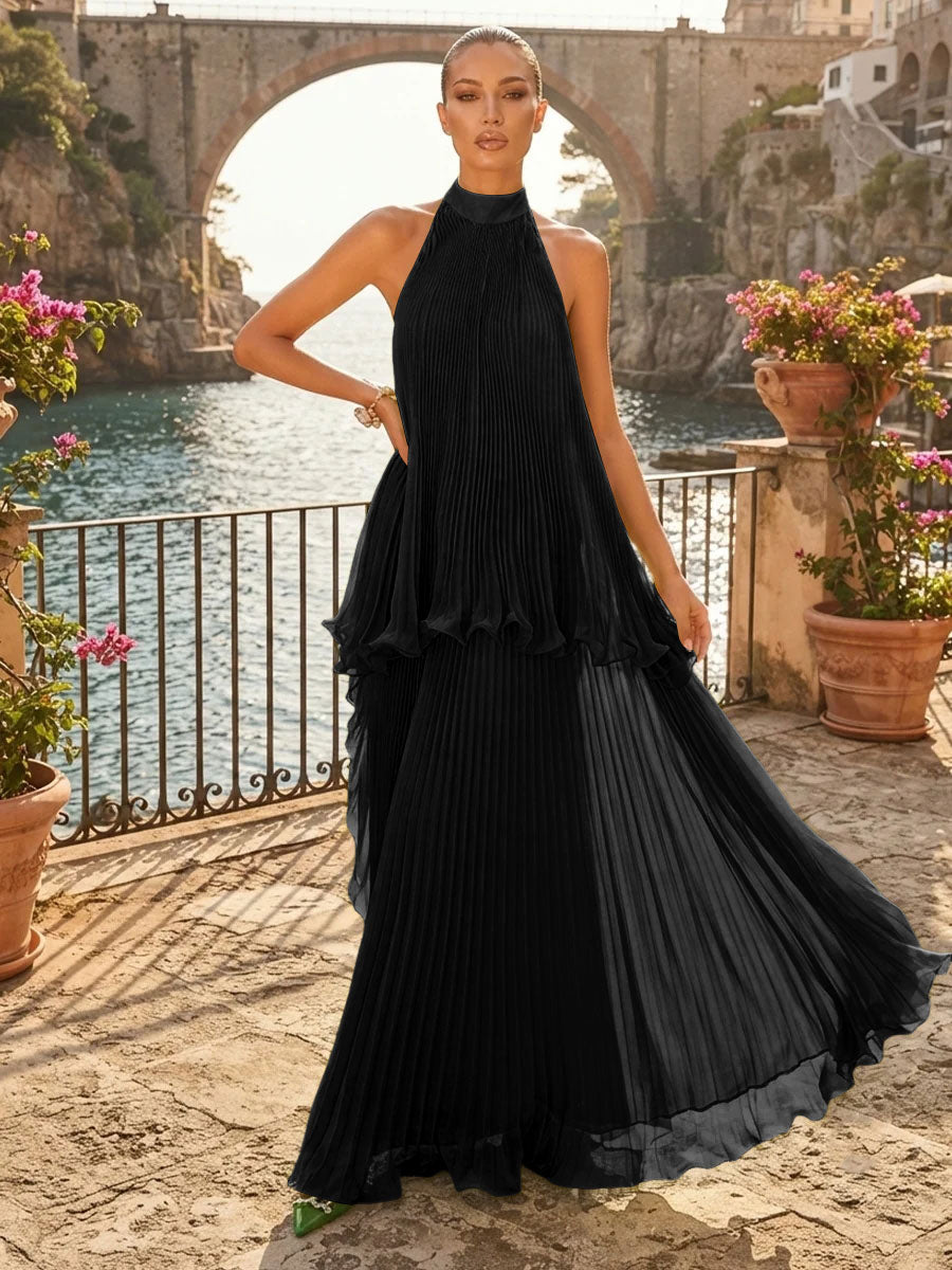 Chiffon A Line Halter Pleats Tiered Formal Dresses