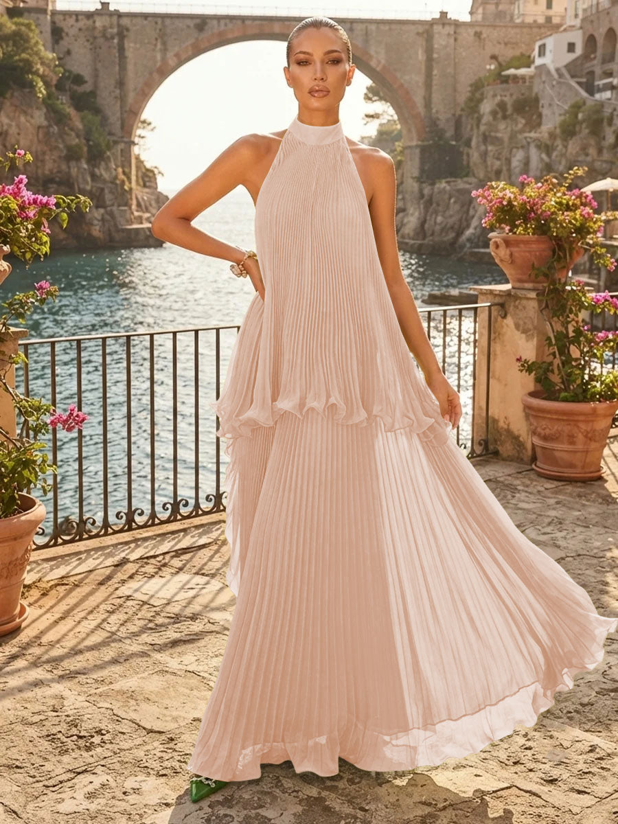 Chiffon A Line Halter Pleats Tiered Formal Dresses