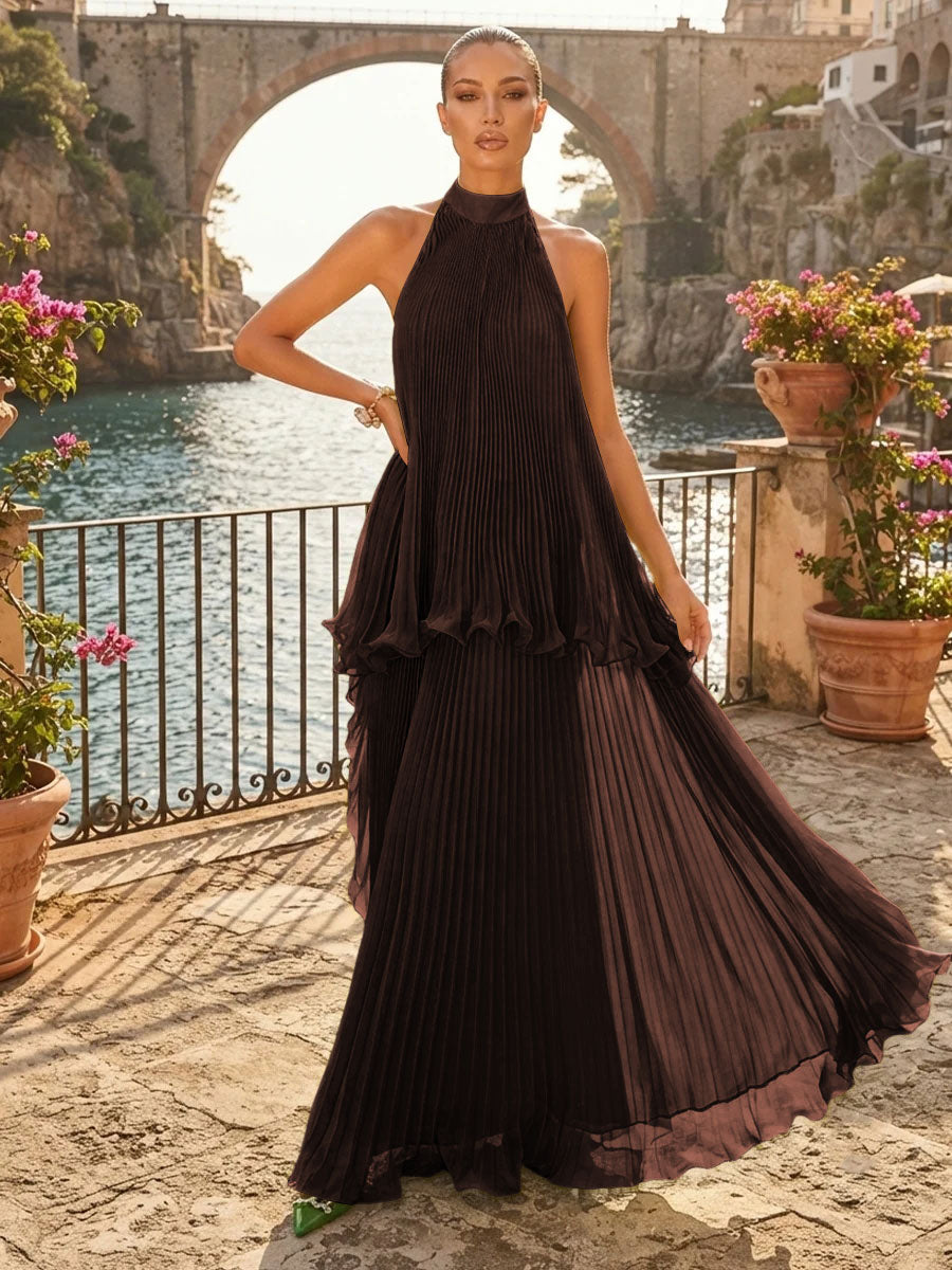 Chiffon A Line Halter Pleats Tiered Formal Dresses