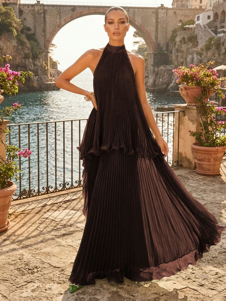 Chiffon A Line Halter Pleats Tiered Formal Dresses