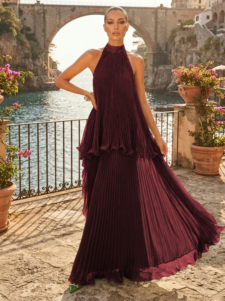 Chiffon A Line Halter Pleats Tiered Formal Dresses