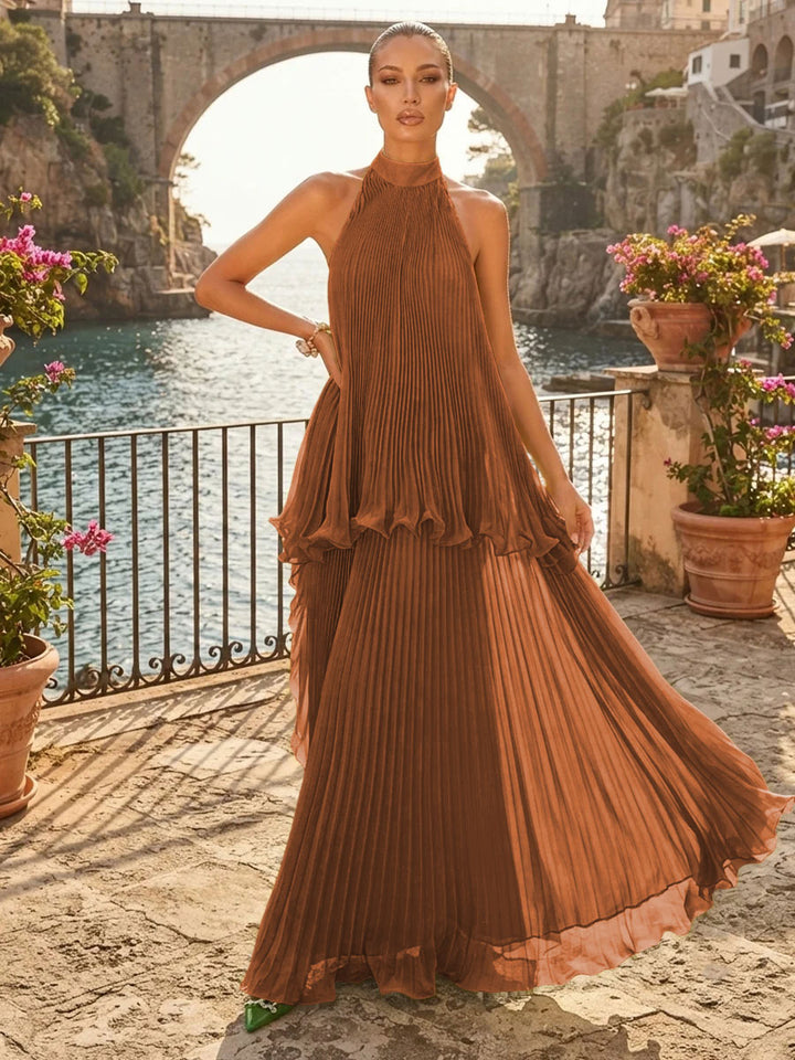 Chiffon A Line Halter Pleats Tiered Formal Dresses