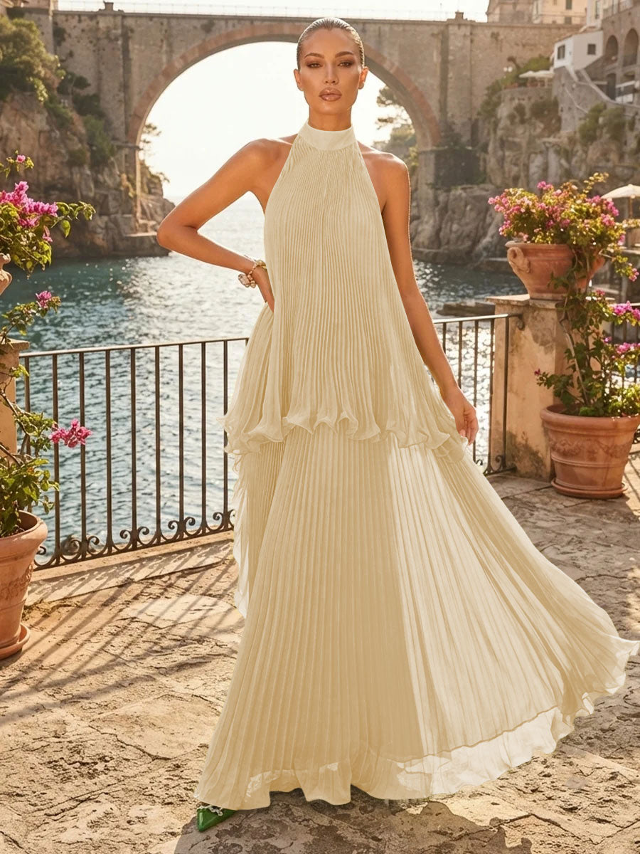 Chiffon A Line Halter Pleats Tiered Formal Dresses