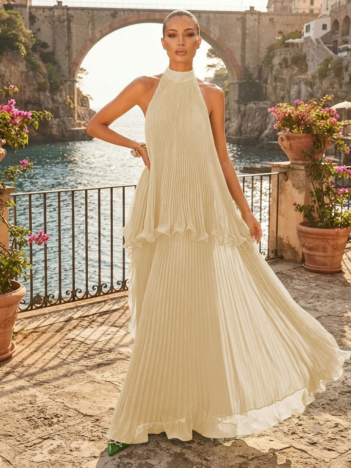 Chiffon A Line Halter Pleats Tiered Formal Dresses