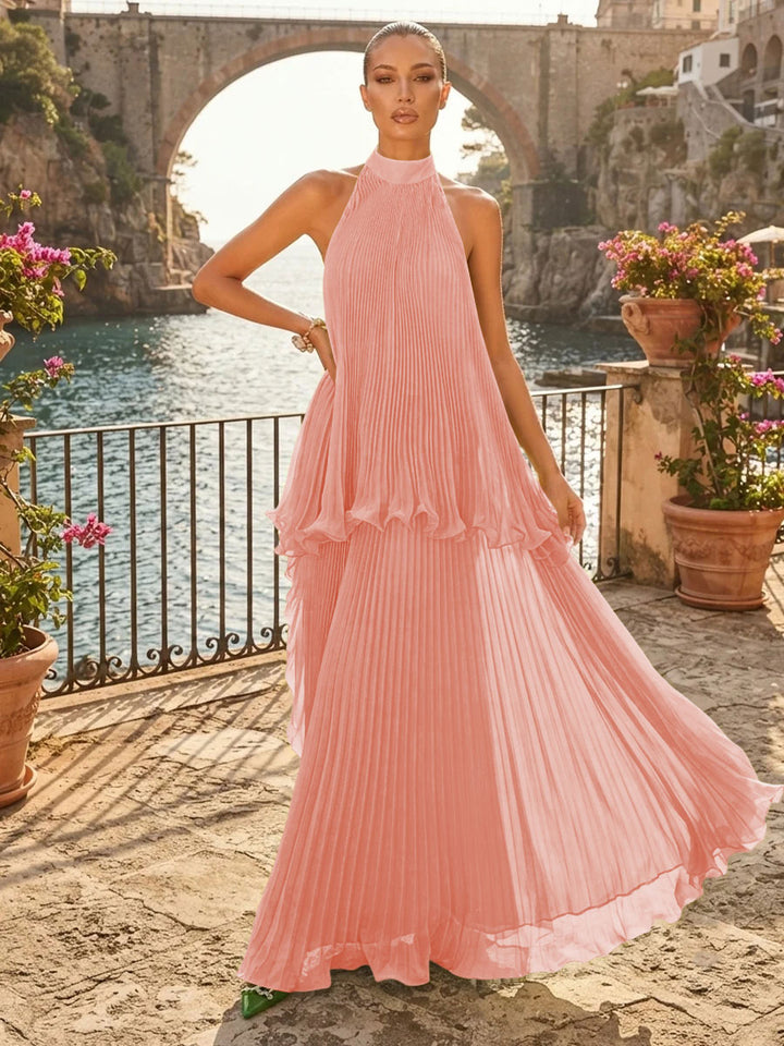 Chiffon A Line Halter Pleats Tiered Formal Dresses