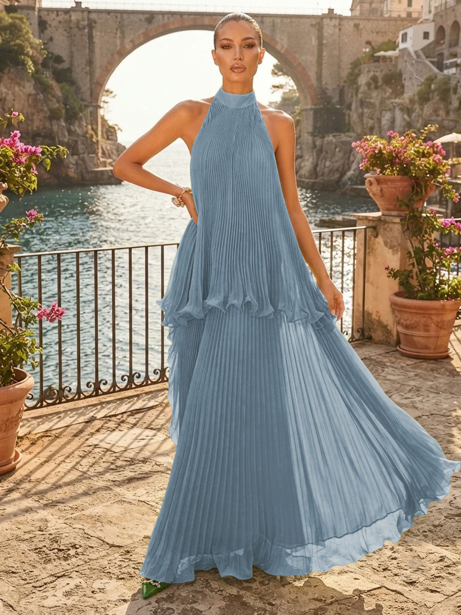 Chiffon A Line Halter Pleats Tiered Formal Dresses